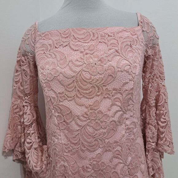 Milly Selena Off The Shoulder Floral Lace Romantic Dress Bell Sleeve Pink Siz 10 - Picture 16 of 17